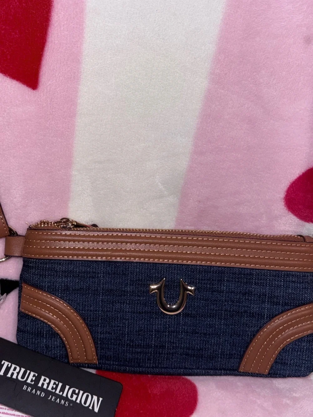 NWT True Religion Horseshoe Navy Denim Wristlet Wallet